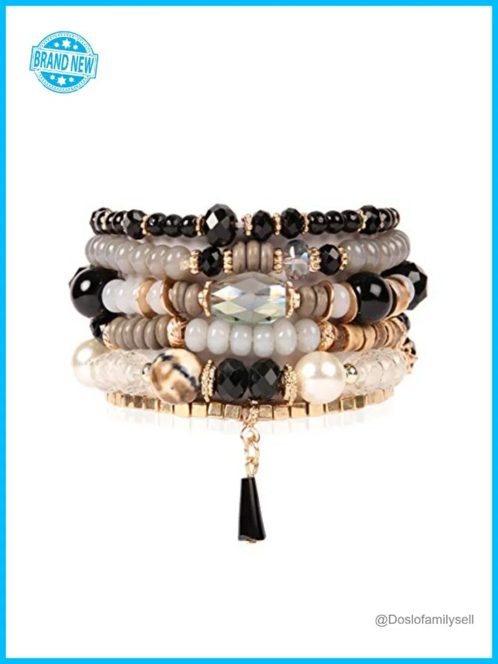Stackable Beaded Stretch Bracelets - Crystal Mix Tassel Charm Multi Layer